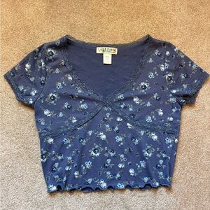 Cut & Paste Blue Floral Women's Top Medium NWOT Lace Ruffle Crop